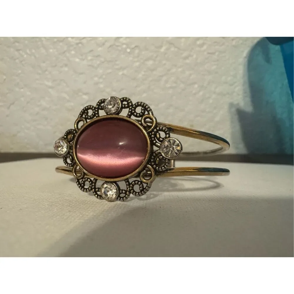 Vintage oval cats eye brass art deco statement cuff bracelet